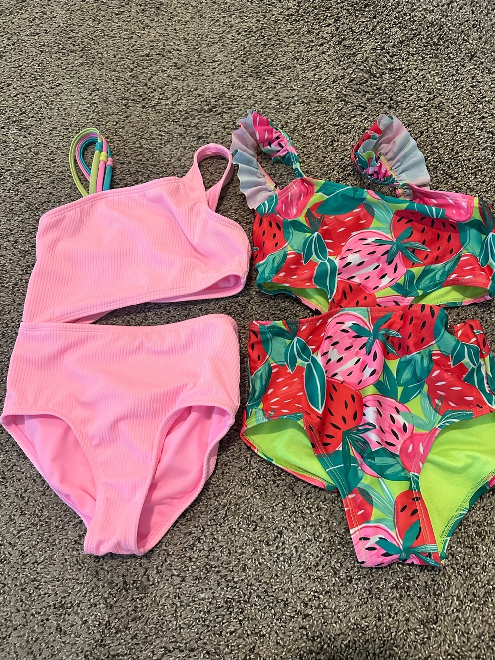 Kids Pink Ribbed One-Shoulder Swimsuit & Strawberry Print suit